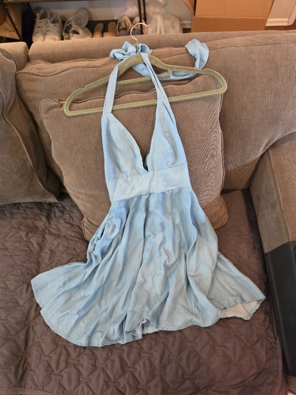 Lulus I'm Smitten Blue Chambray Halter Dress size XS